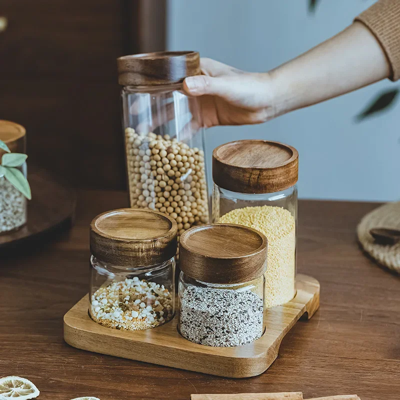 Food Storage Kitchen Container Set - Drewniana pokrywa dozownik do pojemników z