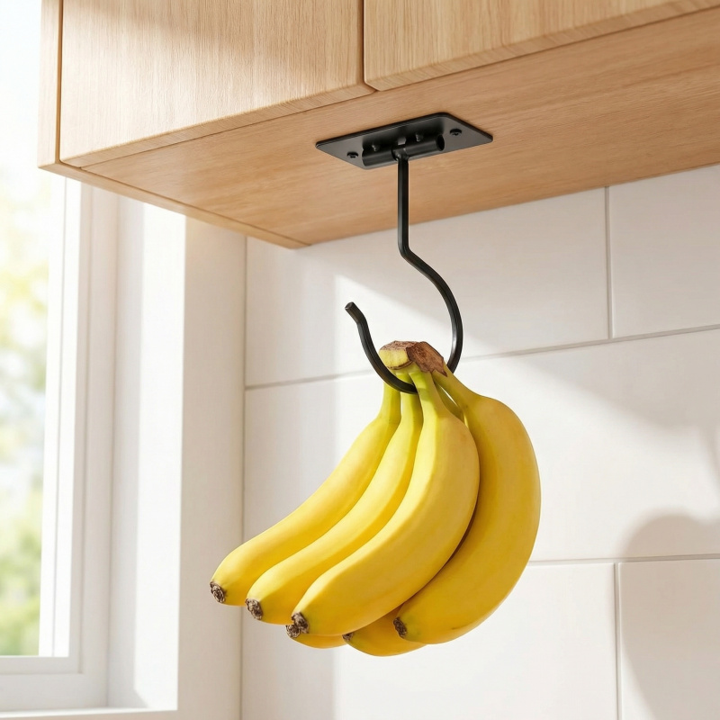 Food Storage In The Kitchen - Czarny metalowy samoprzylepny haczyk bananowy, składany